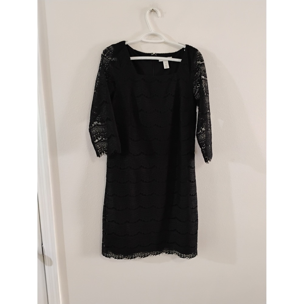 White House Black Market Black Lace Sheath Dress 3/4 Sleeve Square Neck Medium